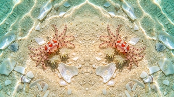 Vista superior de dos cangrejos con patrones rojos y patas a rayas sobre arena clara con fragmentos de conchas marinas bajo el agua.