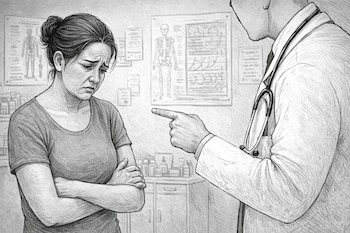 Ilustración monocromática de mujer con expresión triste y brazos cruzados, frente a un médico que le señala con el dedo. Fondo de consultorio con gráficos.