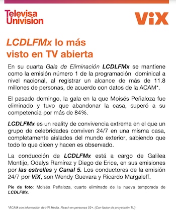 Comunicado de TelevisaUnivision sobre el rating de La Casa de los Famosos México (X/@ReneFranco)