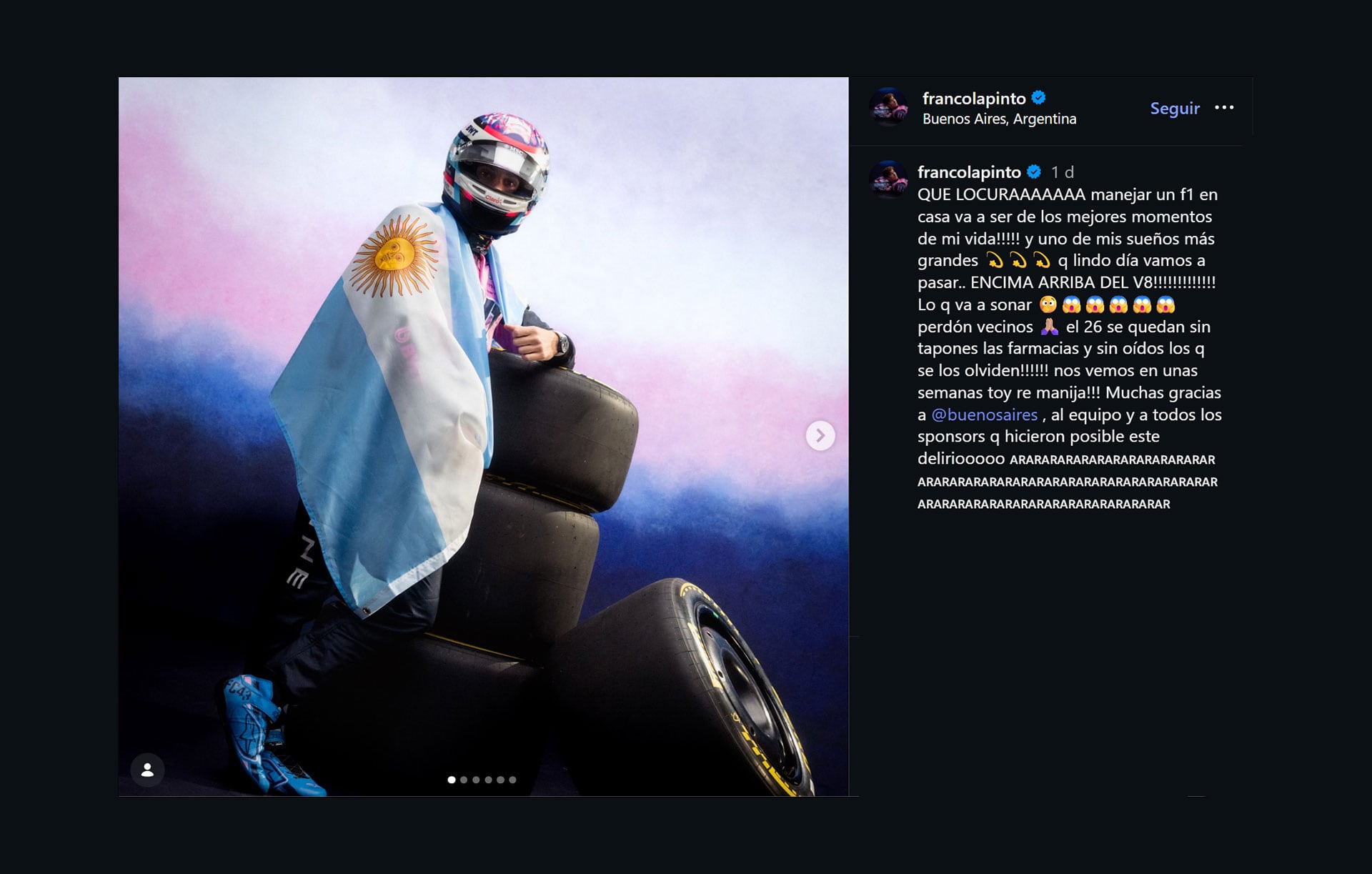 El posteo de Franco Colapinto luego de la confirmación de su orad show (@francolapinto)