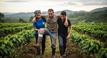 Tres agricultores, uno de ellos con una pierna vendada, son ayudados a caminar en un campo de siembra con hileras de plantas verdes y montañas al fondo.