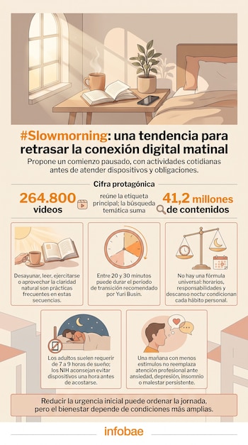 Infografía con una ilustración de un dormitorio soleado, textos explicativos, cifras e iconos sobre reloj, balanza y personas en reposo.