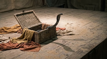 Cobra egipcia de color oscuro emergiendo con la capucha desplegada de una cesta de mimbre abierta sobre una tarima de madera. Telas desaturadas ocres y terracota esparcidas.
