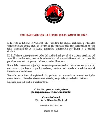El grupo armado señaló que siente como propio el dolor del pueblo iraní - crédito @DDPazELN/X