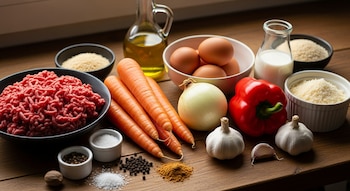 Tazón de carne picada, zanahorias, cebolla, morrón rojo, ajos, huevos, leche, aceite. Cuencos con queso, sal, pimienta, nuez moscada y pan rallado.