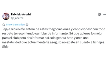 Fabrizio Acerbi le respondió a un hincha sobre la no llegada de Kiara Montes.