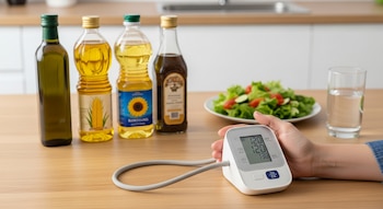 Mano adulta, tensiómetro digital, cuatro botellas de aceite vegetal, plato con ensalada, vaso de agua sobre mesa de madera en cocina.