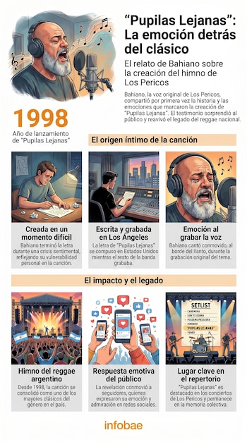 Infografía muestra a Bahiano cantando y llorando en un micrófono, con imágenes de la composición, grabación y el impacto de "Pupilas Lejanas" de Los Pericos.
