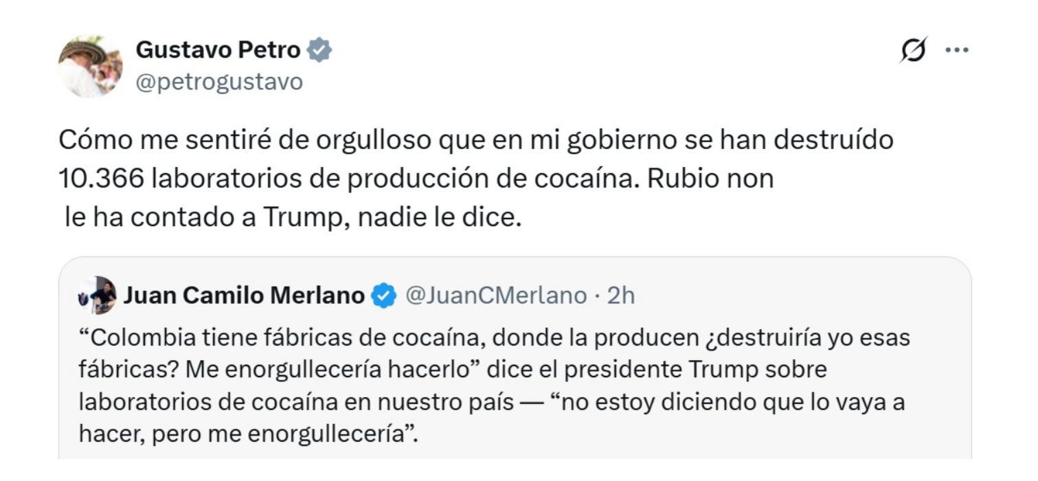 El presidente Petro hizo frente a las declaraciones de Donald Trump sobre la lucha contra el narcotráfico en Colombia - crédito @petrogustavo/X