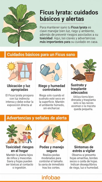 Infografía con ilustraciones de una planta Ficus lyrata, una ventana, regadera, herramientas, tijeras de podar y hojas secas.