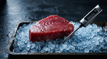 Un filete de atún rojo sobre hielo picado en una bandeja metálica con un termómetro digital insertado.