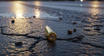 Primer plano de un casquillo de bala dorado tirado sobre pavimento oscuro y agrietado, que brilla con la luz reflejada en la superficie húmeda.
