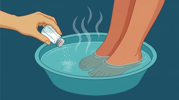 Una mano vierte sal de un salero en un recipiente ovalado con agua caliente y dos pies sumergidos. Vapor blanco se eleva sobre el agua.