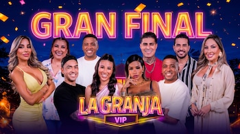 Nueve personas sonrientes, cinco mujeres y cuatro hombres, posan frente a un letrero de neón que dice "Gran Final La Granja VIP" sobre un fondo azul oscuro con confeti y luces borrosas.