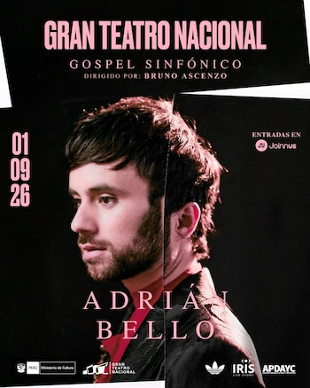 Póster promocional para el concierto de Adrián Bello. Muestra su rostro de perfil sobre un fondo oscuro con texto en rosa y blanco sobre el evento