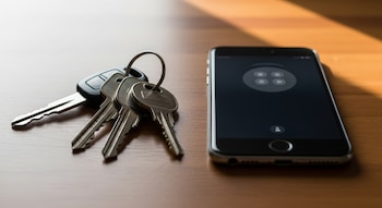 Un manojo de llaves plateadas y una llave de coche negra junto a un smartphone oscuro con la pantalla encendida, sobre una mesa de madera clara con luz natural.