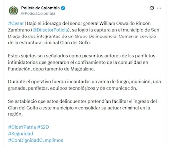La Policía Magdalena informó la captura de dos personas señaladas de integrar un grupo delincuencial al servicio del Clan del Golfo - crédito @PoliciaColombia/X
