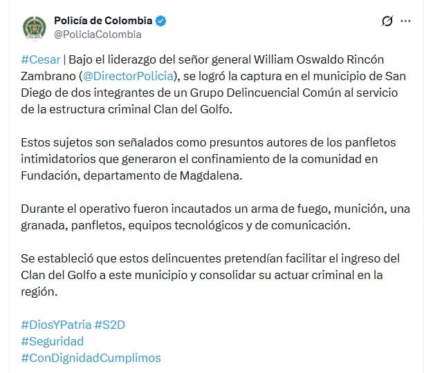 La Policía Magdalena informó la captura de dos personas señaladas de integrar un grupo delincuencial al servicio del Clan del Golfo - crédito @PoliciaColombia/X