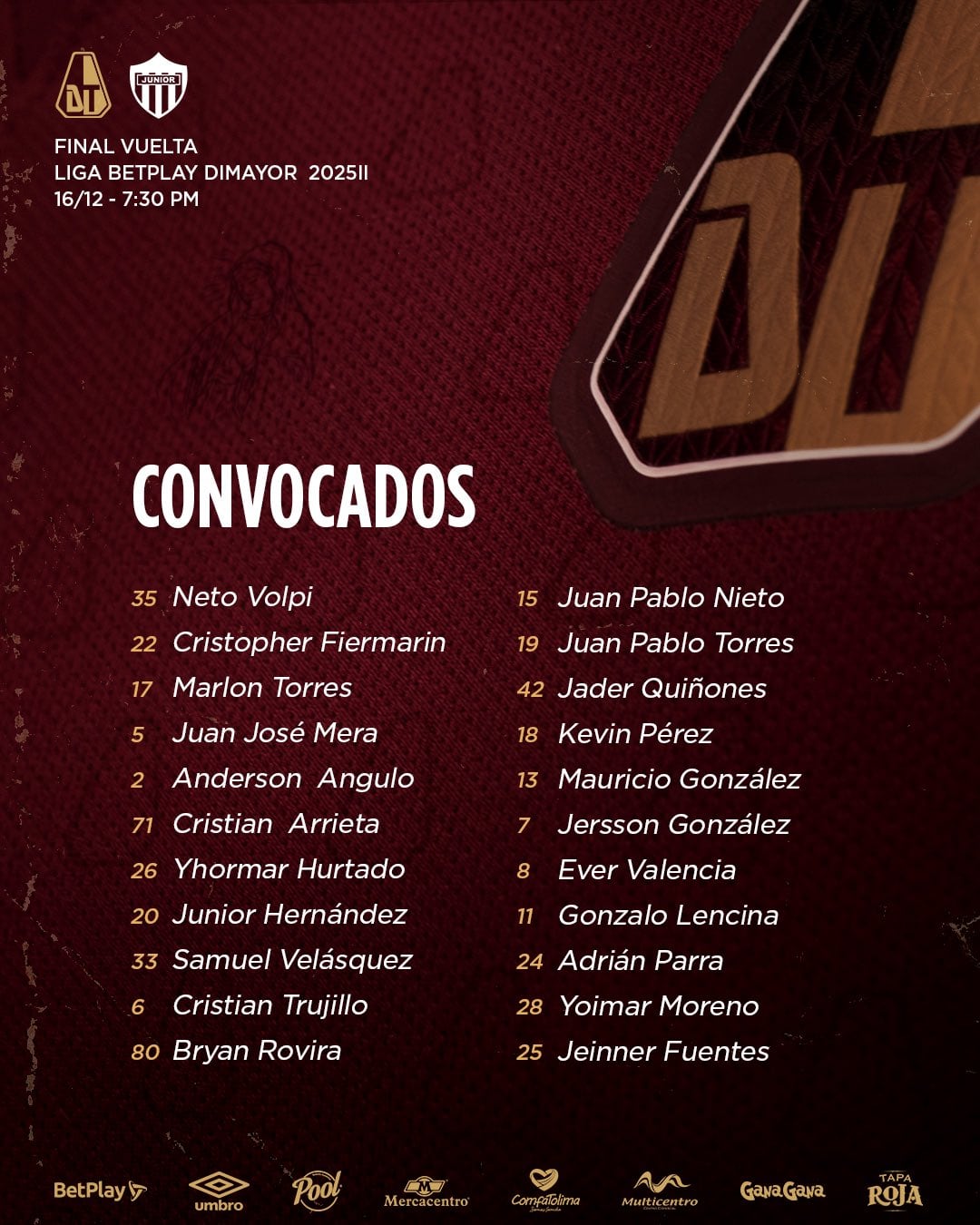 Estos son los convocados de Tolima para medirse con el Junior de Barranquilla en la final de Liga BetPlay - crédito Deportes Tolima