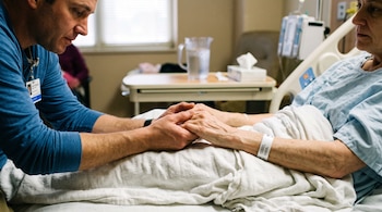 Un hombre sentado sostiene las manos de una mujer acostada en una cama de hospital con pulsera médica e infusores de suero al fondo.