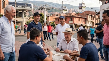 Un grupo de hombres ríe y juega dominó en una mesa al aire libre, con personas caminando detrás y un letrero que dice "Metro de Medellín".