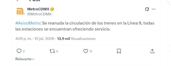 El STC Metro reanudó el servicio en la Línea 9 (X/ @MetroCDMX)