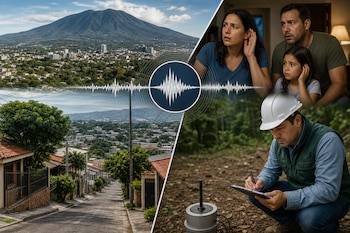 Montaje con un volcán, una calle, una familia atenta, un técnico con casco junto a un equipo de medición y una ilustración de ondas sísmicas.