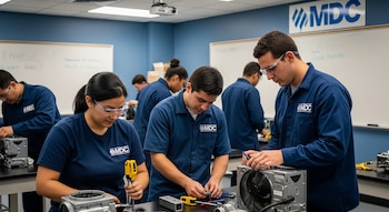 Varios estudiantes adultos con gafas de seguridad y uniformes azules trabajan en equipos de HVAC/R con herramientas, en un laboratorio del Miami Dade College con el logo MDC visible.
