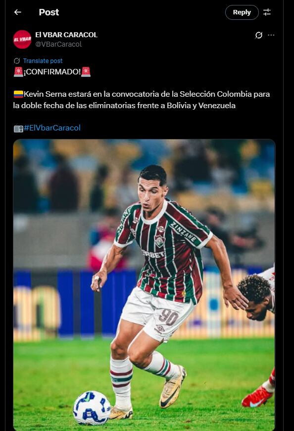 El colombiano sería una de las novedades dentro de los convocados para los partidos ante Bolivia y Venezuela - crédito @VBarCaracol / X