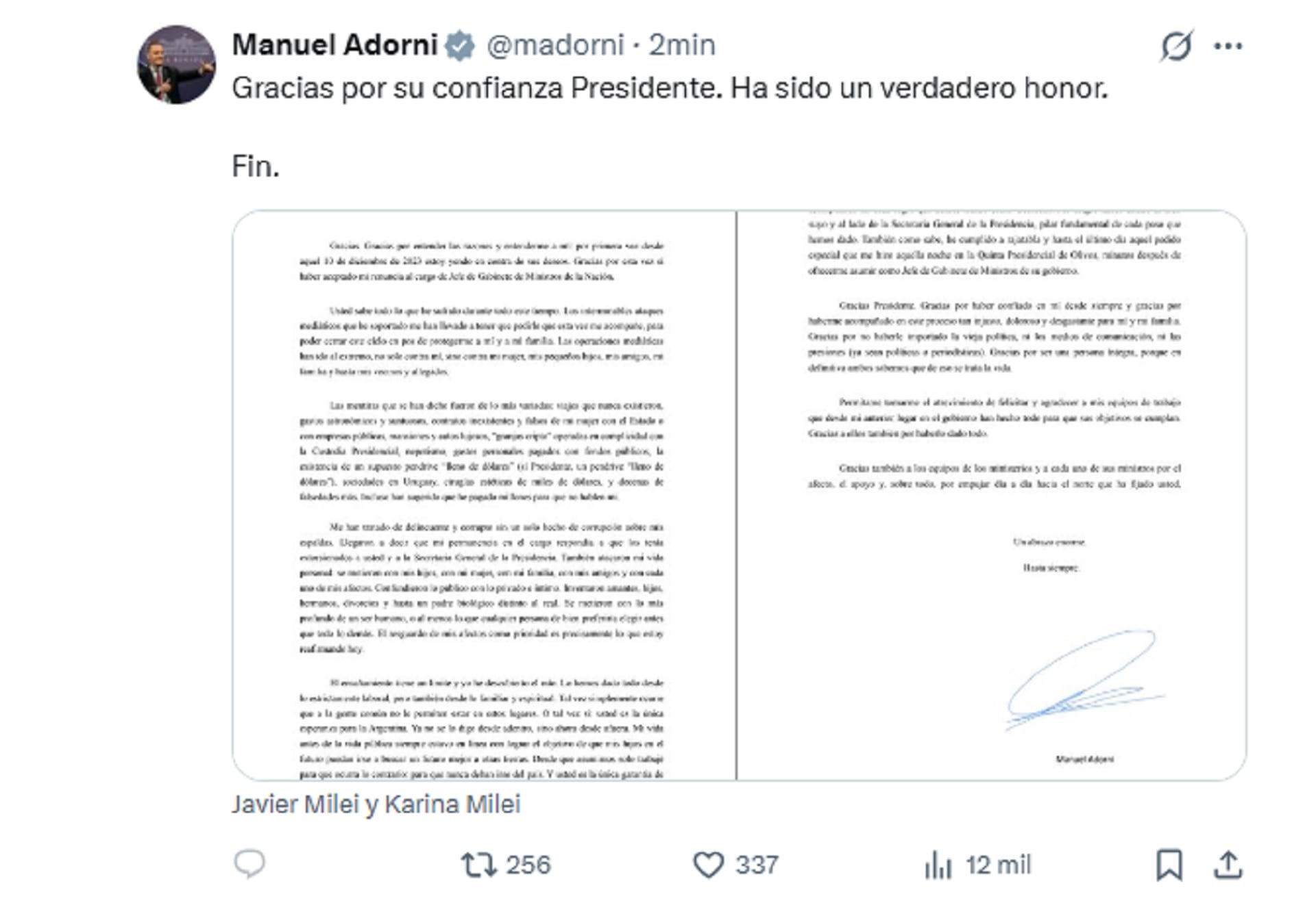 Renunció Manuel Adorni
