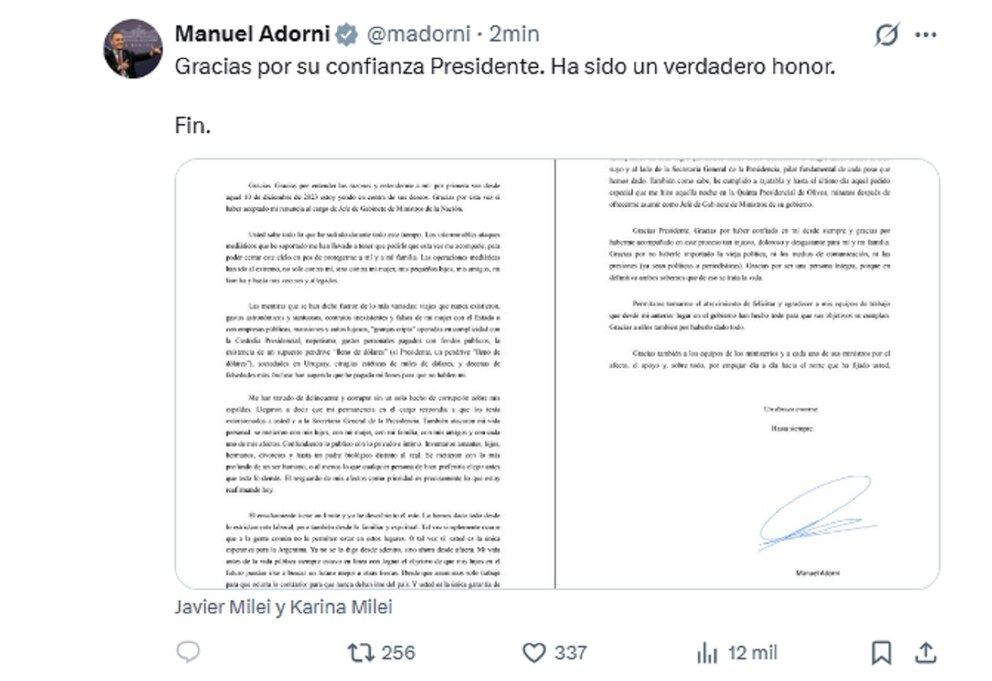 Renunció Manuel Adorni: texto de la carta entregada al Presidente