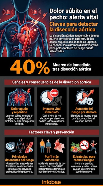 Infografía de disección aórtica con ilustración de torso humano, corazón dañado, arterias, alarmas, porcentajes, iconos de síntomas, riesgos y prevención, y texto informativo.