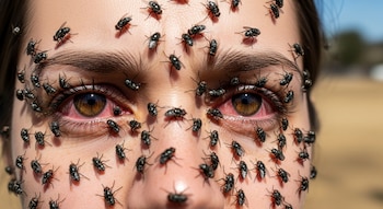 Primer plano del rostro de una persona con los ojos visiblemente enrojecidos e irritados, cubierto por numerosas moscas negras.