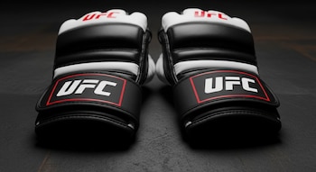 Par de guantes de UFC blancos y negros sobre una superficie oscura. El logo de UFC es visible en la correa de la muñeca de cada guante.