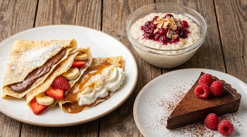 Vista aérea de tres postres sobre una mesa de madera: crepas con Nutella, fresas y plátano, arroz con leche y frutos rojos, y tarta de chocolate con frambuesas.