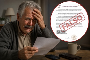 Hombre mayor sentado frente a un escritorio sosteniendo una carta, con un recuadro en forma de círculo que exhibe un documento con la marca falso.