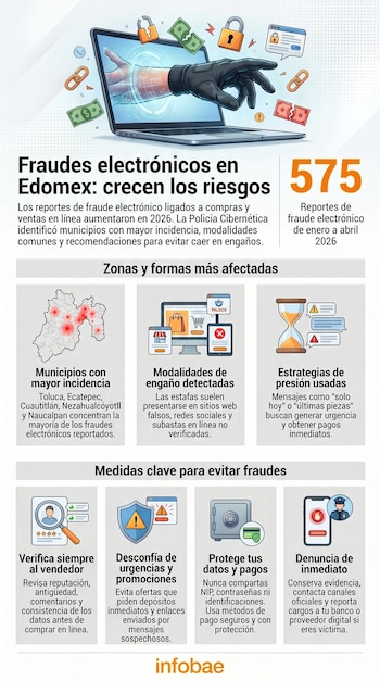 Infografía detallando fraudes electrónicos en Edomex, con un portátil y una mano enguantada saliendo de la pantalla, dinero y símbolos de alerta.