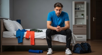 Un hombre de mediana edad con camiseta azul y pantalones negros, sentado en una cama, luce agotado. Cerca, ropa de ejercicio y una bolsa de gimnasio.