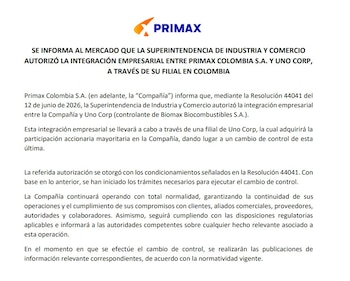 Primax informó que inició los trámites para ejecutar el cambio de control y que mantendrá su operación normal y sus compromisos con clientes, proveedores, aliados, autoridades y colaboradores - crédito Primax
