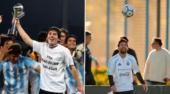 Imagen dividida de Lionel Messi: a la izquierda, joven alzando un trofeo; a la derecha, observando un balón en el aire durante una práctica.
