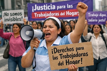 Una mujer con uniforme de trabajo doméstico grita en un megáfono, levanta un puño y sostiene un cartel con la frase "¡Derechos para las Trabajadoras del Hogar!". Detrás, otros manifestantes muestran pancartas.