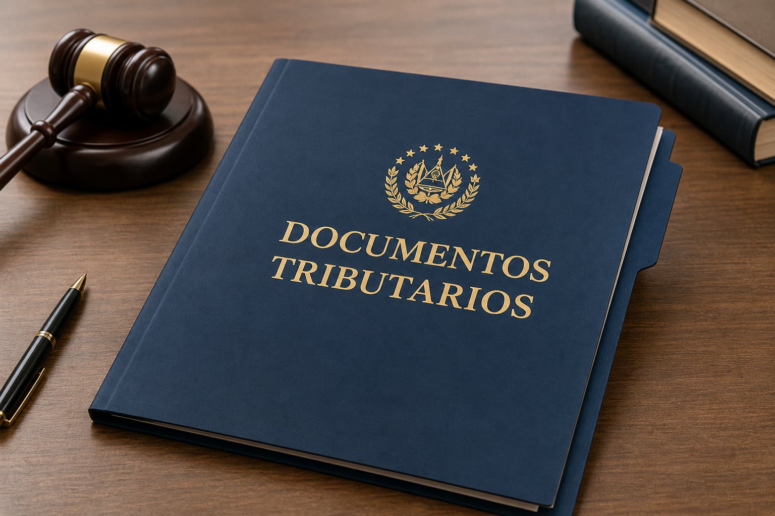 Una carpeta de documentos tributarios junto a un mazo judicial ilustra la ratificación de las sanciones fiscales dictadas por los tribunales de El Salvador. (Imagen Ilustrativa Infobae)