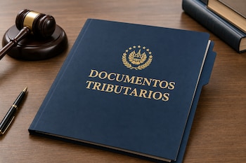 Una carpeta azul con la inscripción Documentos Tributarios, un mazo de madera de juez, una pluma y varios libros sobre un escritorio.