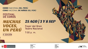 Afiche publicitario con el texto Festival de Coros Muchas Voces Un Perú y una ilustración de la silueta del país rellena con coristas