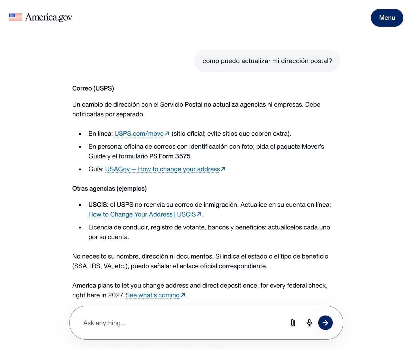 Un asistente virtual en el sitio web America.gov explica los pasos e instrucciones para cambiar la dirección postal en Estados Unidos. (America.go)