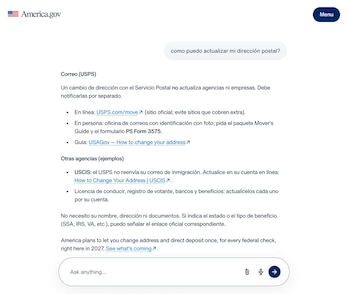 Captura de pantalla del portal America.gov con una consulta en un chat y respuestas de texto sobre el cambio de dirección postal