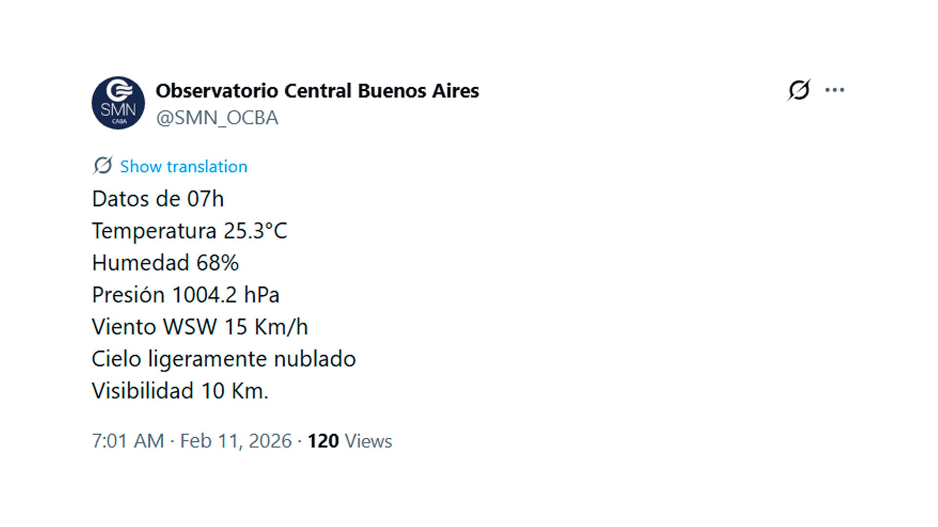 El tiempo, hoy a las 7, en la Ciudad de Buenos Aires (@SMN_OCBA)