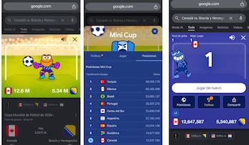 Capturas de pantalla de un sistema operativo móvil mostrando la interfaz de Google con un juego de fútbol interactivo 'Mini Cup', marcadores y tabla de posiciones