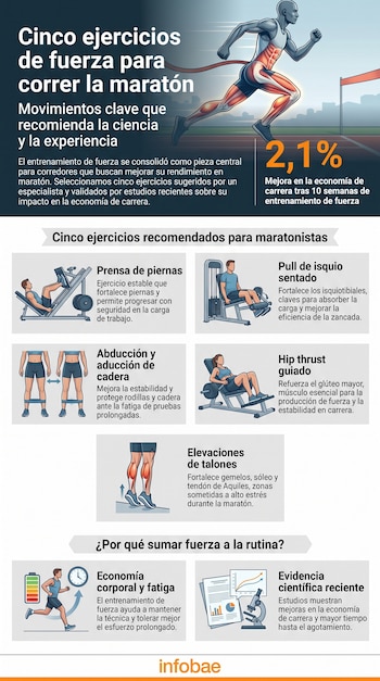 Infografía con el título Cinco ejercicios de fuerza para correr la maratón, un corredor, cinco ilustraciones de ejercicios y gráficos explicativos.