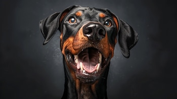 Can de raza Doberman con orejas recortadas, exhibiendo su musculatura y actitud vigilante en el jardín. - (Imagen Ilustrativa Infobae)